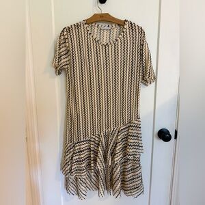 Zara Cream and Blue Fishnet Drop Waist Ruffle Dress